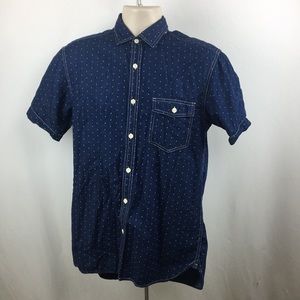 blue polka dot short sleeve button up